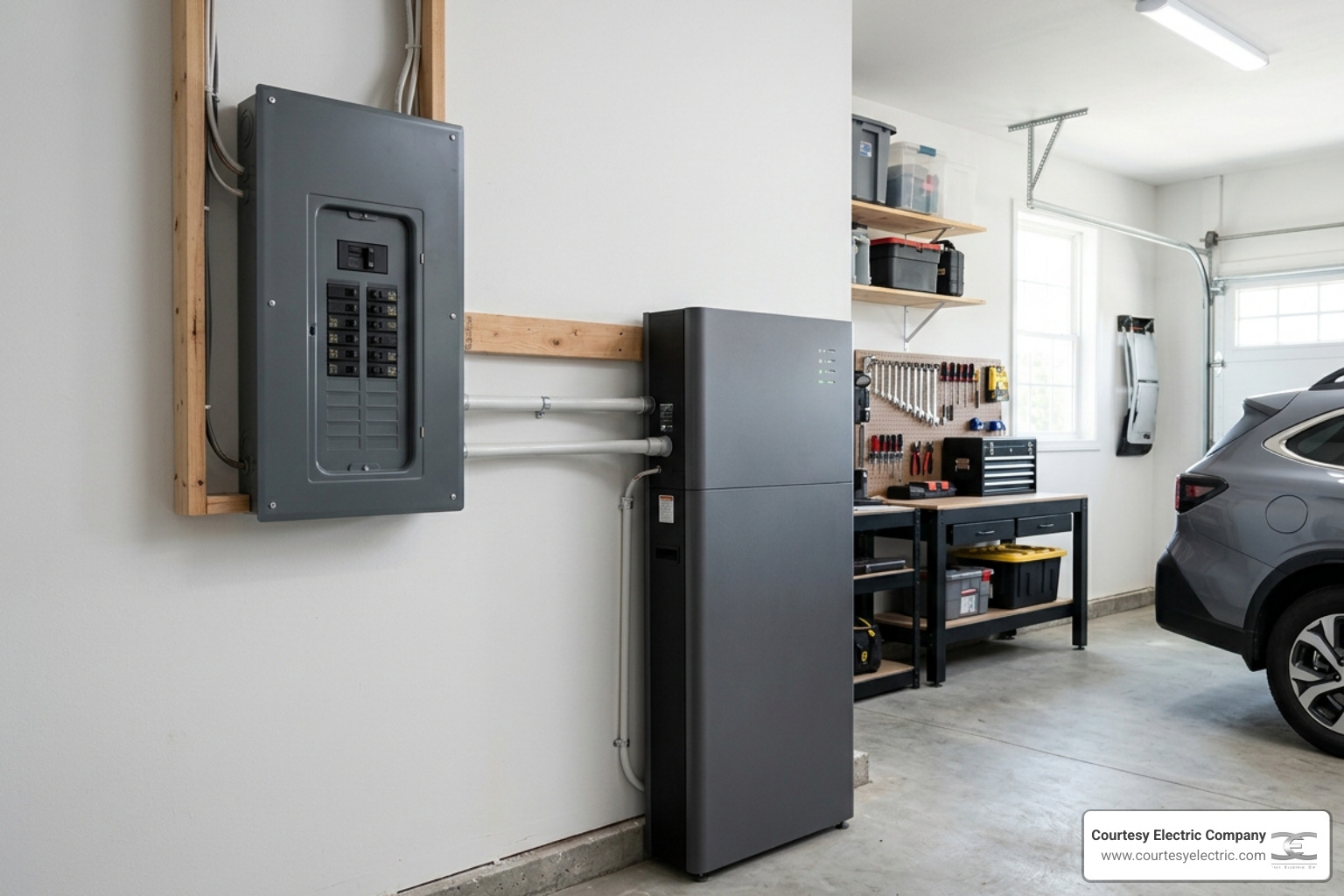 modern residential electrical panel in a clean garage setting - is a generator or battery better for power outages
