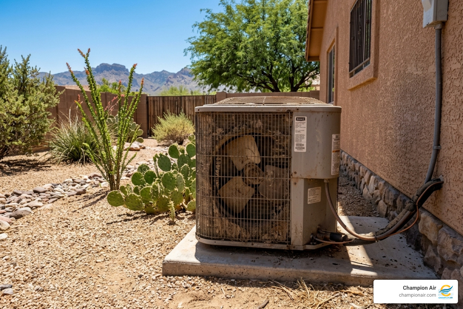 A dusty outdoor AC condenser unit sitting in a sun-drenched Arizona backyard - how to prevent ac emergencies with maintenance