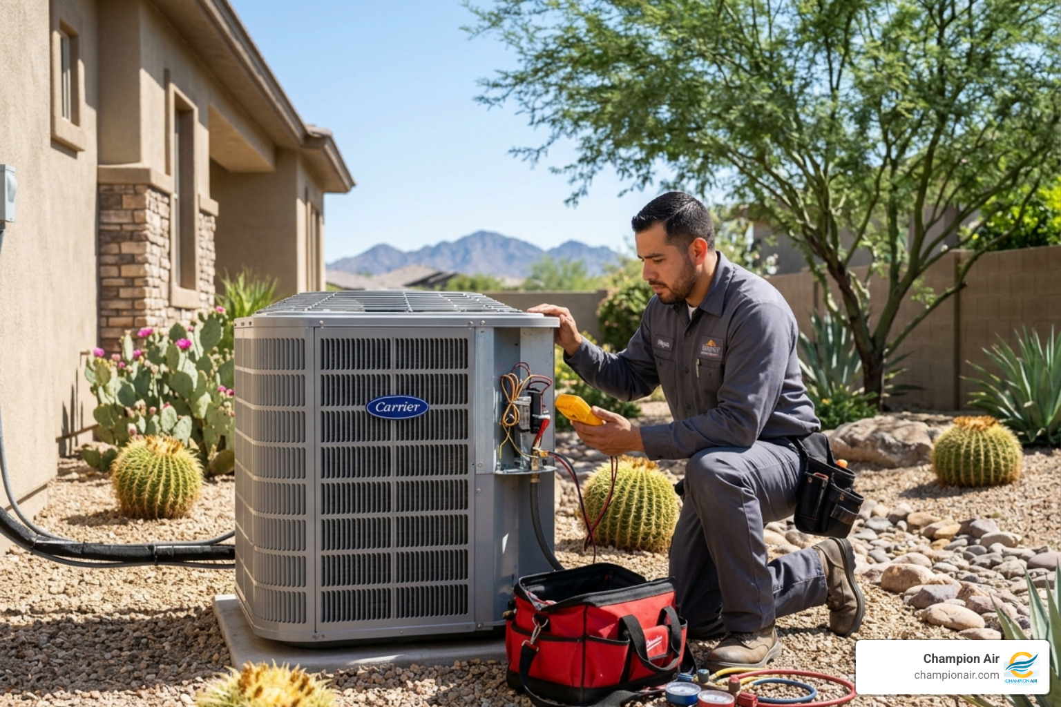 Expert technician inspecting an outdoor AC condenser in Phoenix to ensure summer readiness - how to make sure your ac
