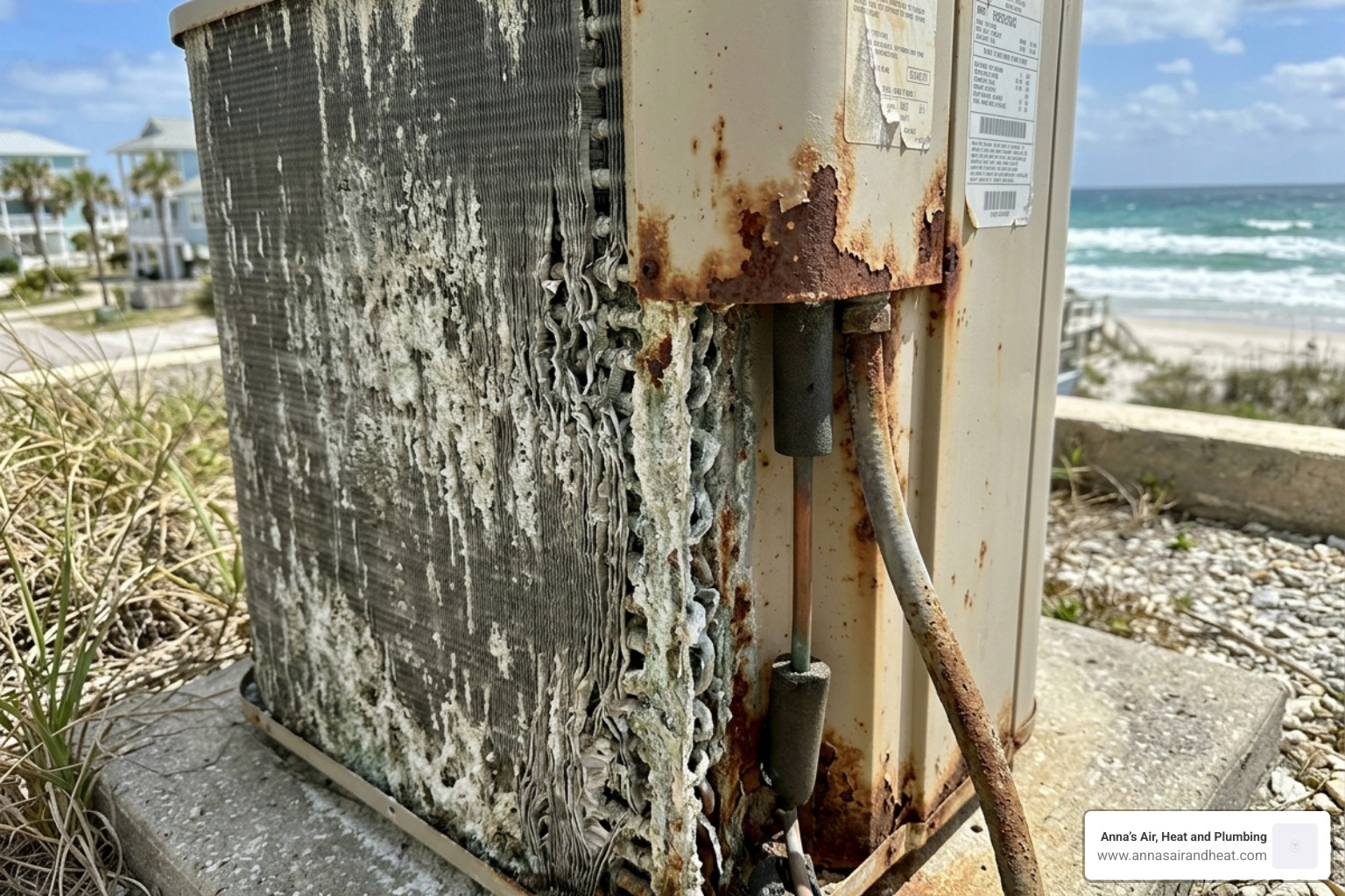 Salt air corrosion on an AC unit near the coast showing rusted fins and damaged metal - how often should you schedule an ac Salt air corrosion on an AC unit near the coast showing rusted fins and damaged metal - how often should you schedule an ac