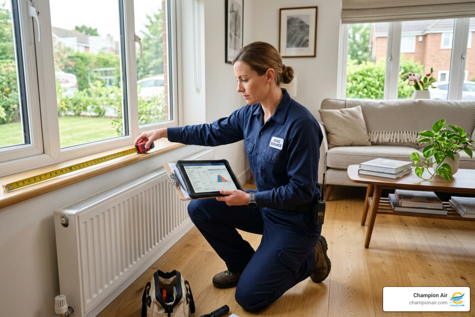 HVAC technician performing a home load calculation using a tablet and measuring tape - what separates a good ac installation