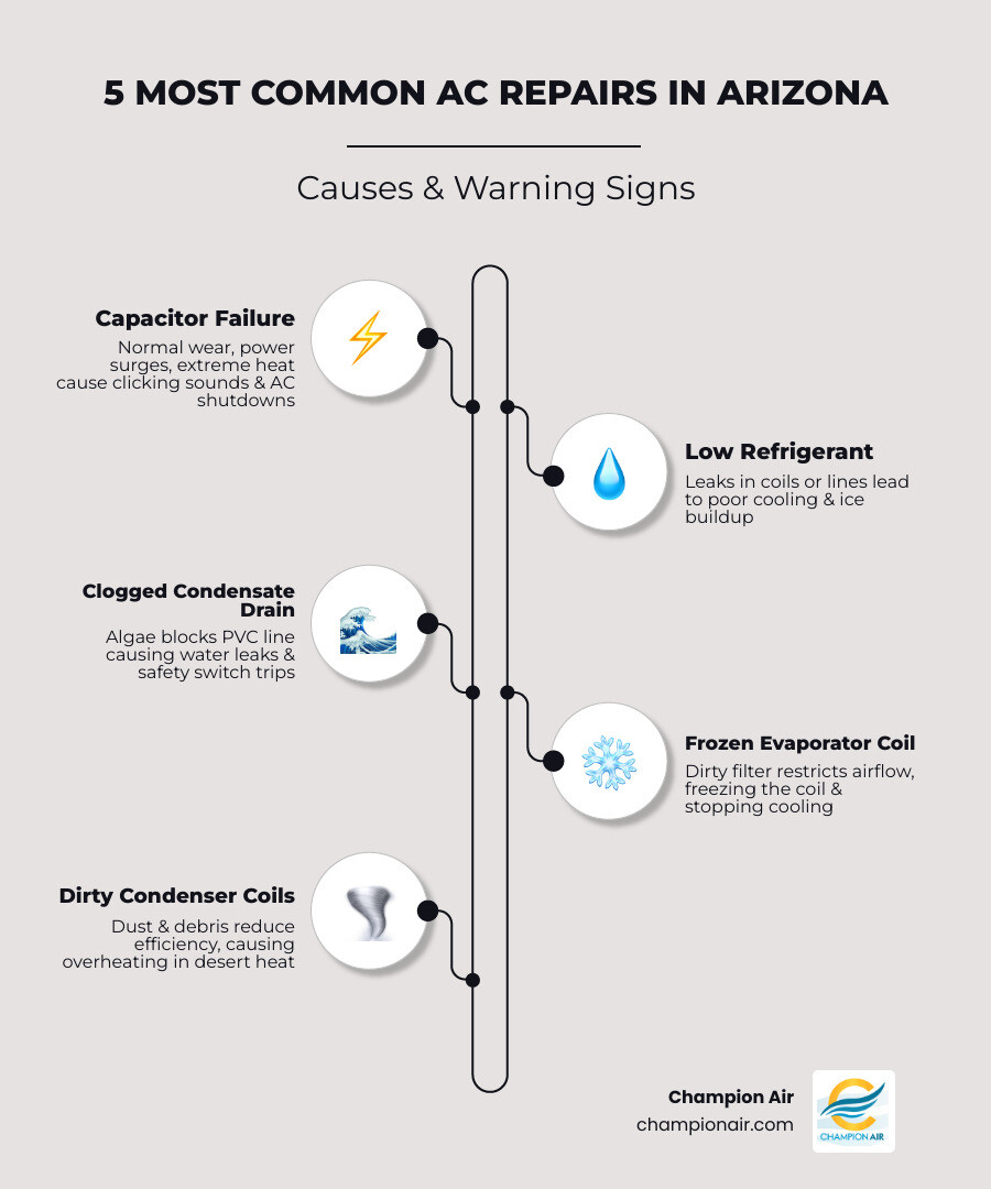 Infographic showing 5 most common AC repairs in Arizona with causes and warning signs - most common ac repairs and what