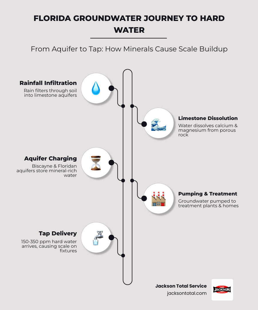 Infographic showing Florida groundwater journey from limestone aquifer to tap and key hard water effects - water Infographic showing Florida groundwater journey from limestone aquifer to tap and key hard water effects - water