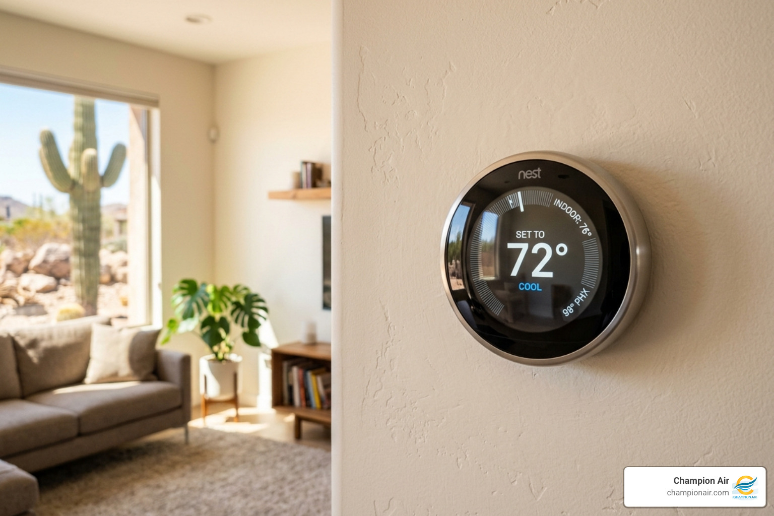 Smart thermostat on a wall displaying a setting of 78 degrees with high outdoor temperatures - how to help your ac during a