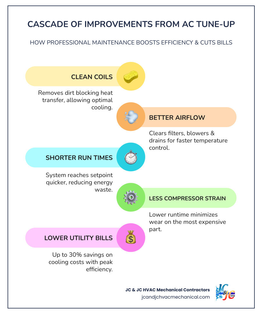 Infographic showing cascade of improvements from AC tune-up: clean coils improve heat transfer, shorter run times reduce