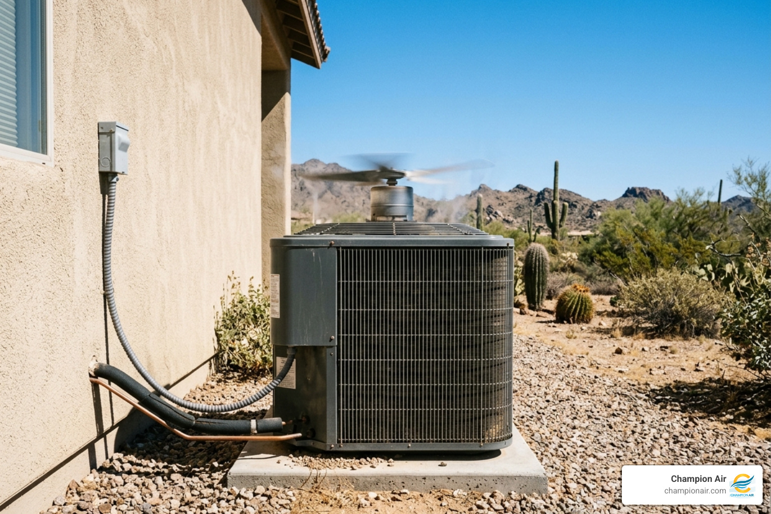 Outdoor AC unit operating in the intense Arizona sun with heat haze - standard efficiency vs high efficiency ac for arizona