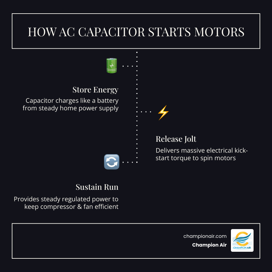 Infographic showing how a capacitor starts the compressor and fan motors in an AC system - capacitor failure why it is the
