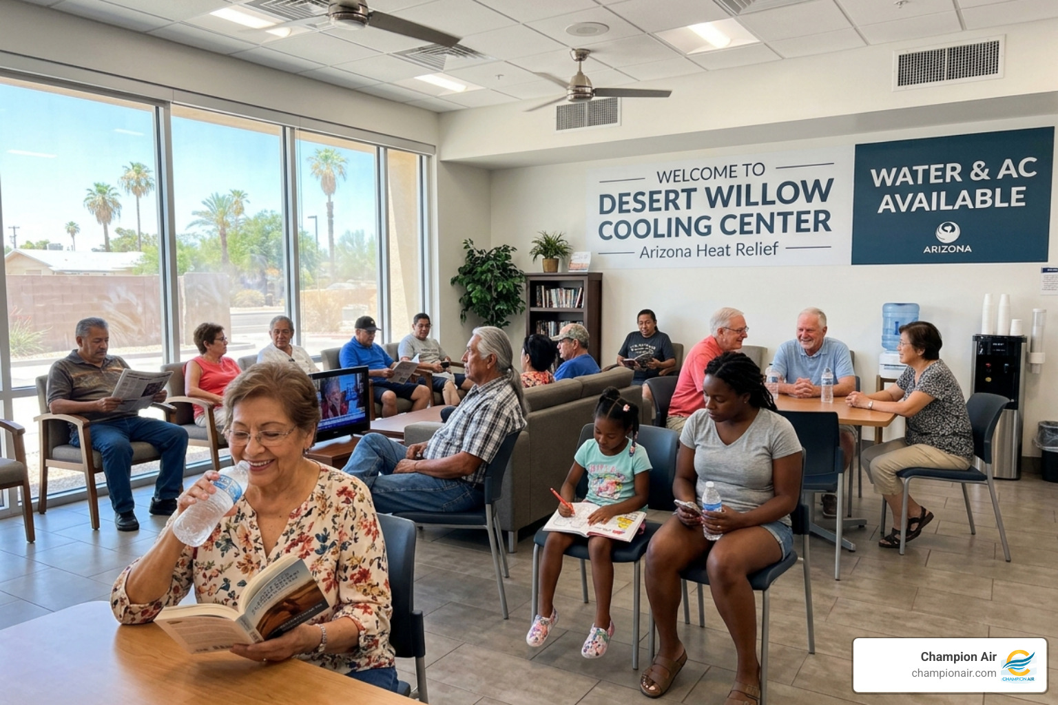 Resident utilizing a local cooling center for relief from the summer sun - how to stay cool during arizona heat waves