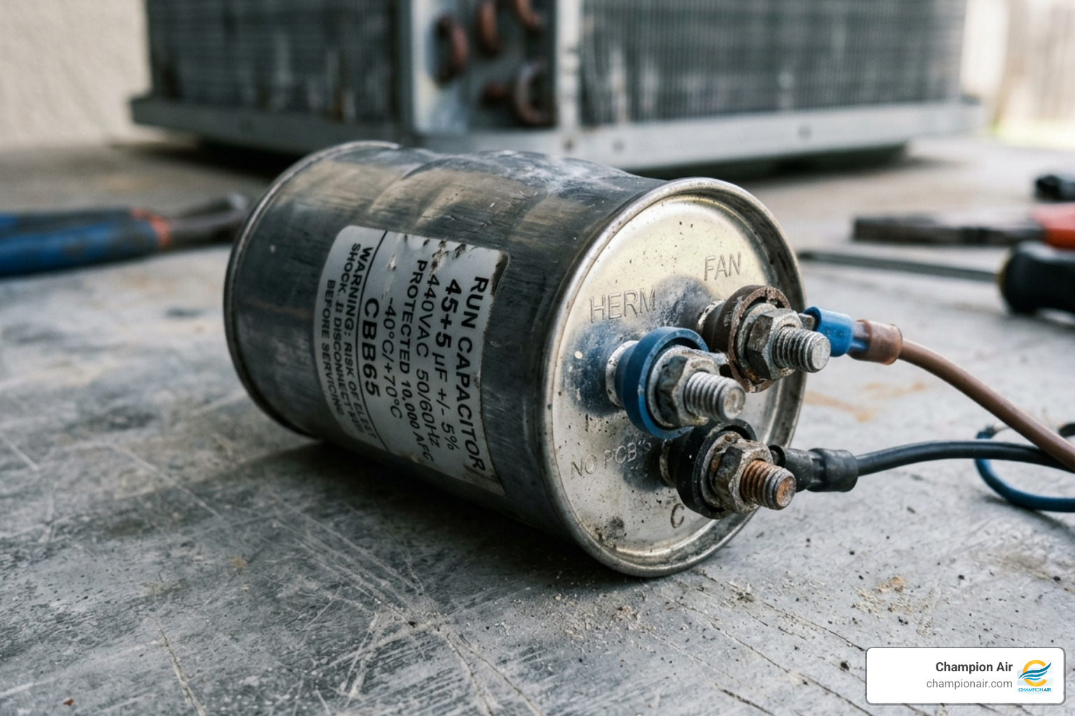 A swollen and bulging AC capacitor showing signs of failure - capacitor failure why it is the most common ac repair