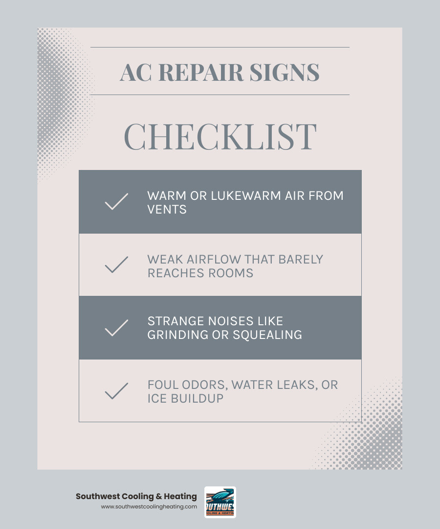 Common AC warning signs infographic showing symptoms like warm air, weak airflow, strange noises, and rising energy bills Common AC warning signs infographic showing symptoms like warm air, weak airflow, strange noises, and rising energy bills