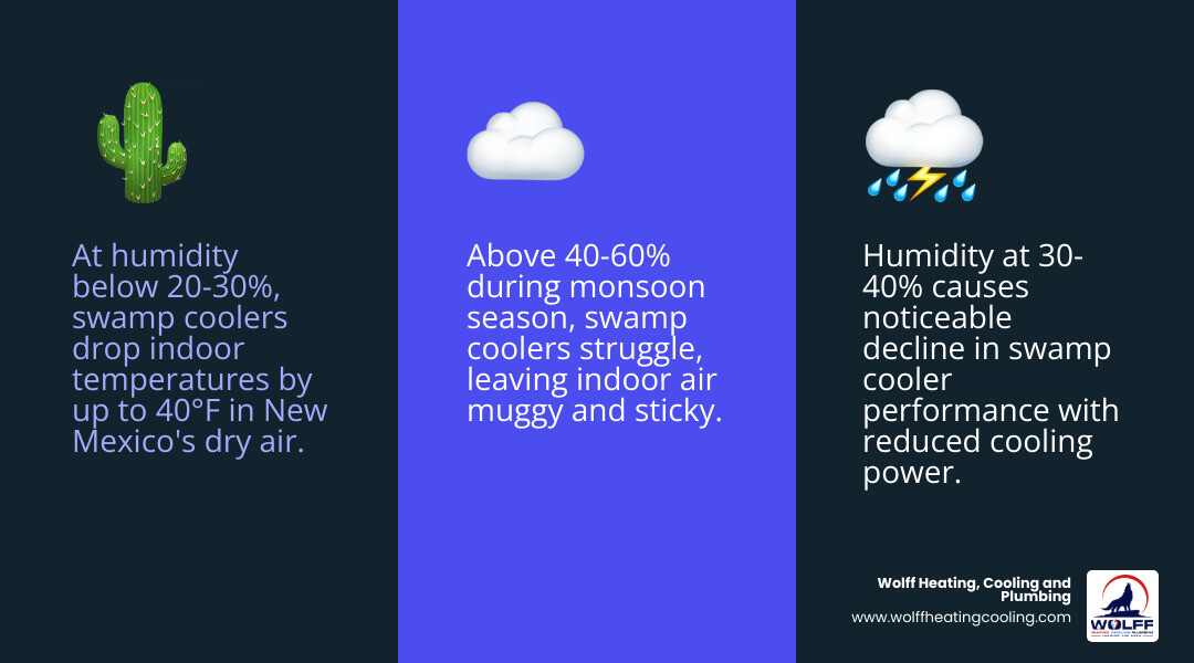 Infographic showing swamp cooler effectiveness vs humidity levels in New Mexico's climate zones - how effective are swamp Infographic showing swamp cooler effectiveness vs humidity levels in New Mexico's climate zones - how effective are swamp