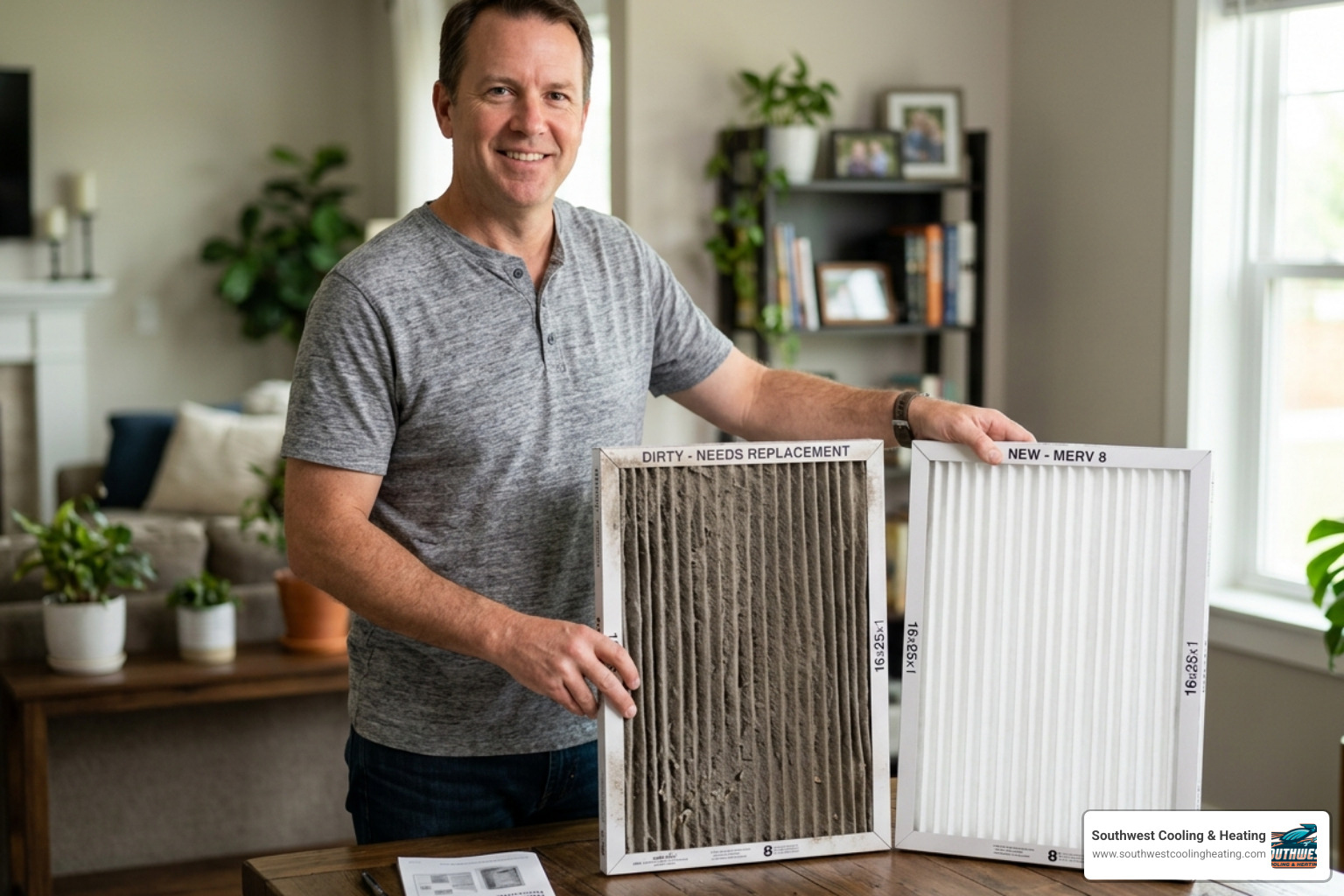 Homeowner checking a dirty air filter next to a clean one - signs your ac needs repair Homeowner checking a dirty air filter next to a clean one - signs your ac needs repair