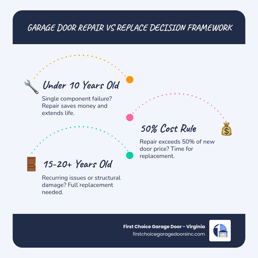 Infographic showing garage door lifecycle repair vs replace decision framework with age thresholds and 50% rule - repair vs