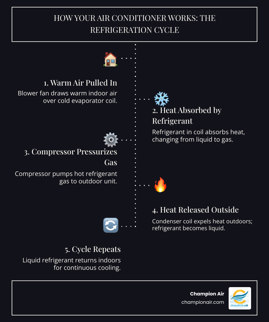 Step-by-step infographic of the basic air conditioning refrigeration cycle - how your air conditioner works infographic