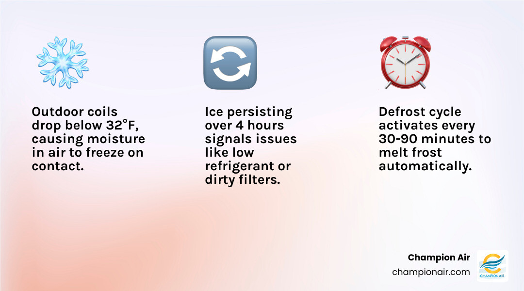 Infographic showing heat pump ice buildup causes, defrost cycle steps, and what homeowners should do - heat pump ice buildup