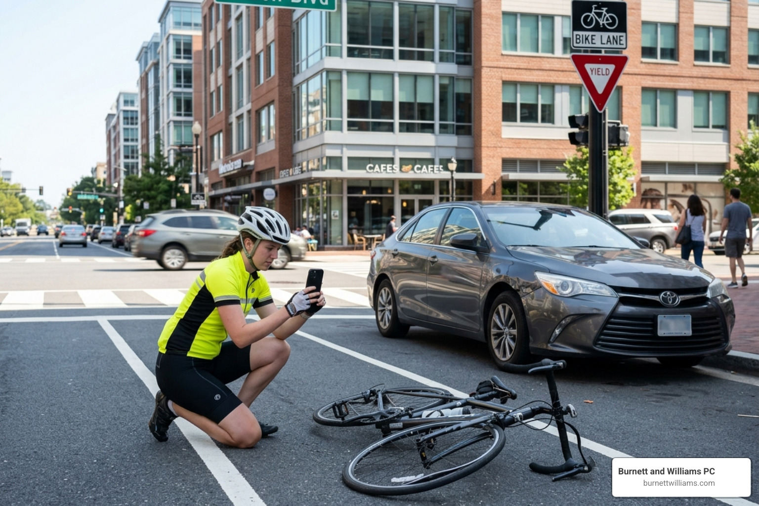Cyclist documenting evidence at a scene in Arlington - Arlington bike accident lawyer Cyclist documenting evidence at a scene in Arlington - Arlington bike accident lawyer