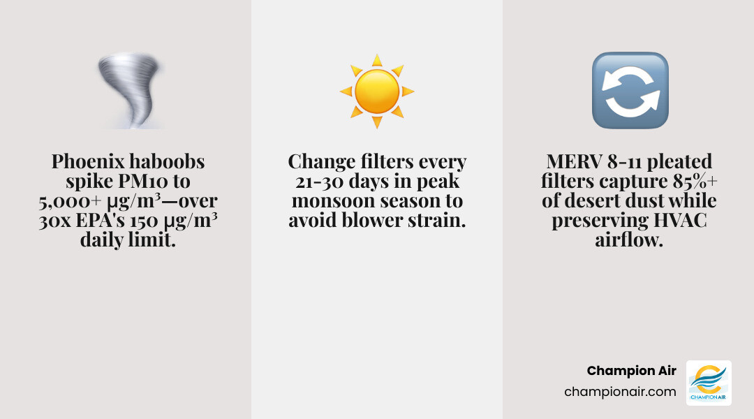 Quick guide infographic: best air filter types for Arizona desert homes by MERV rating, replacement frequency, and haboob