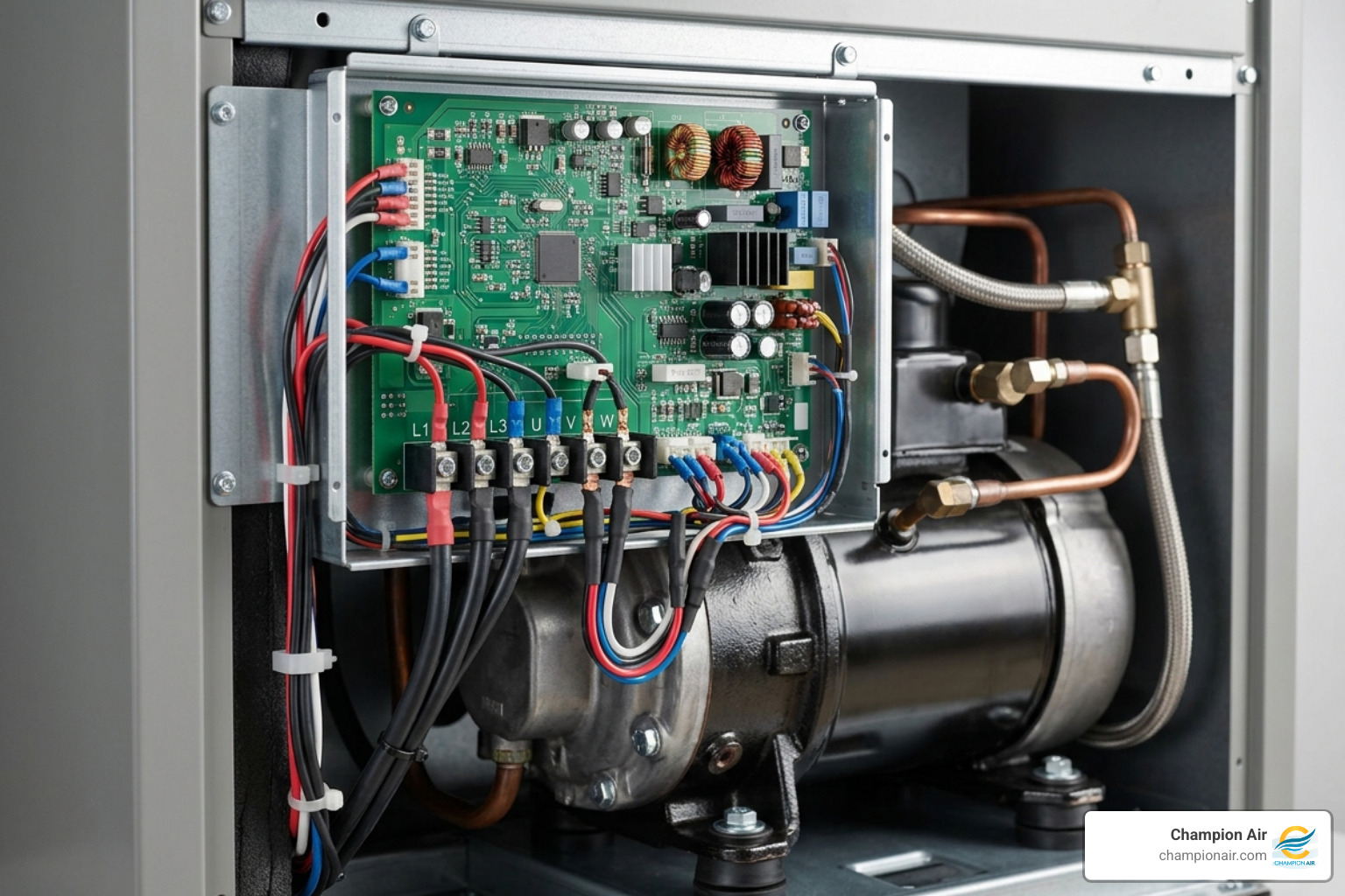 Close up of an HVAC compressor component showing modern inverter technology - single stage vs variable speed ac comparison