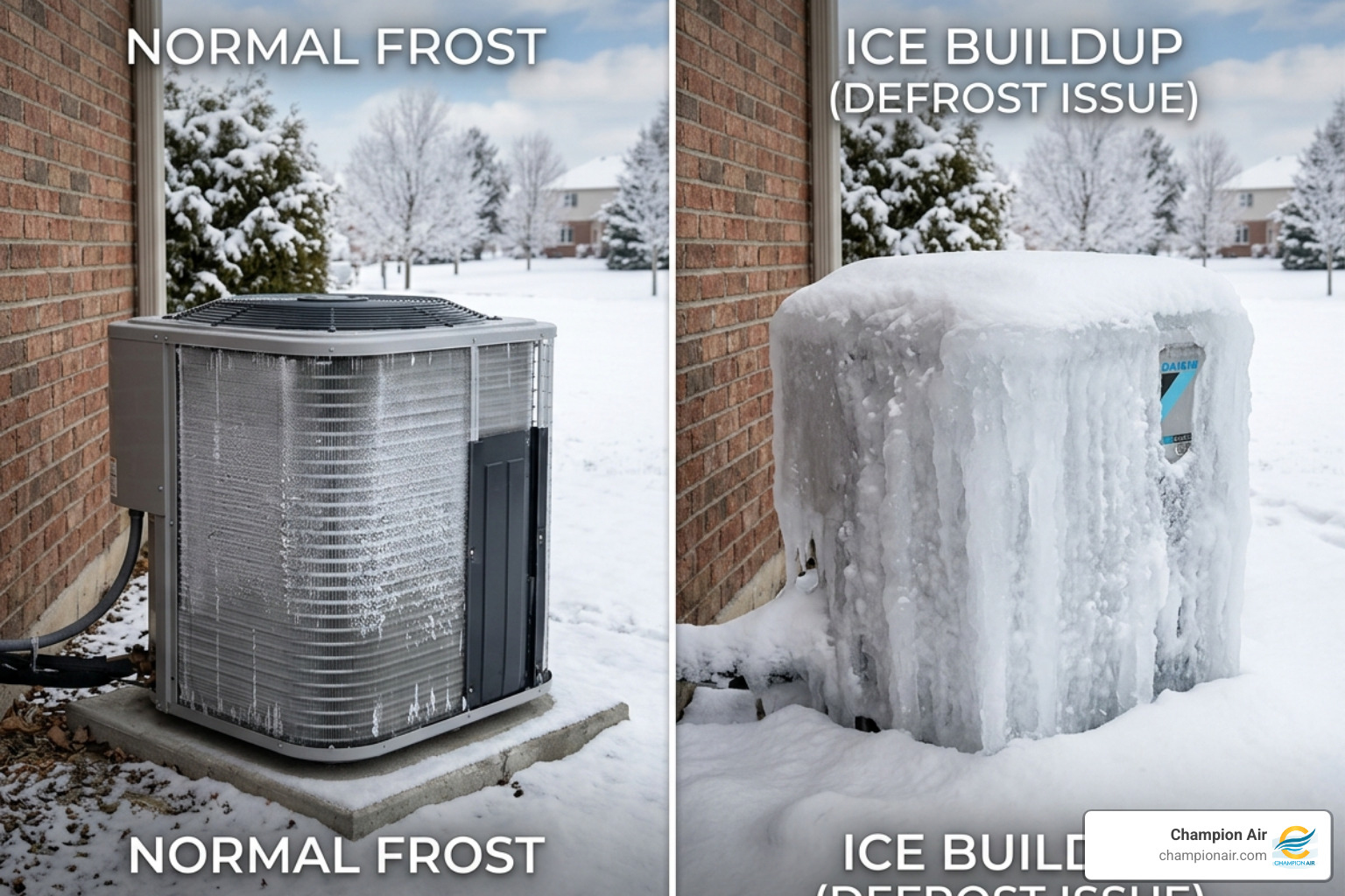 Comparison of a normal light frost on heat pump coils versus a problematic solid block of ice - heat pump ice buildup causes