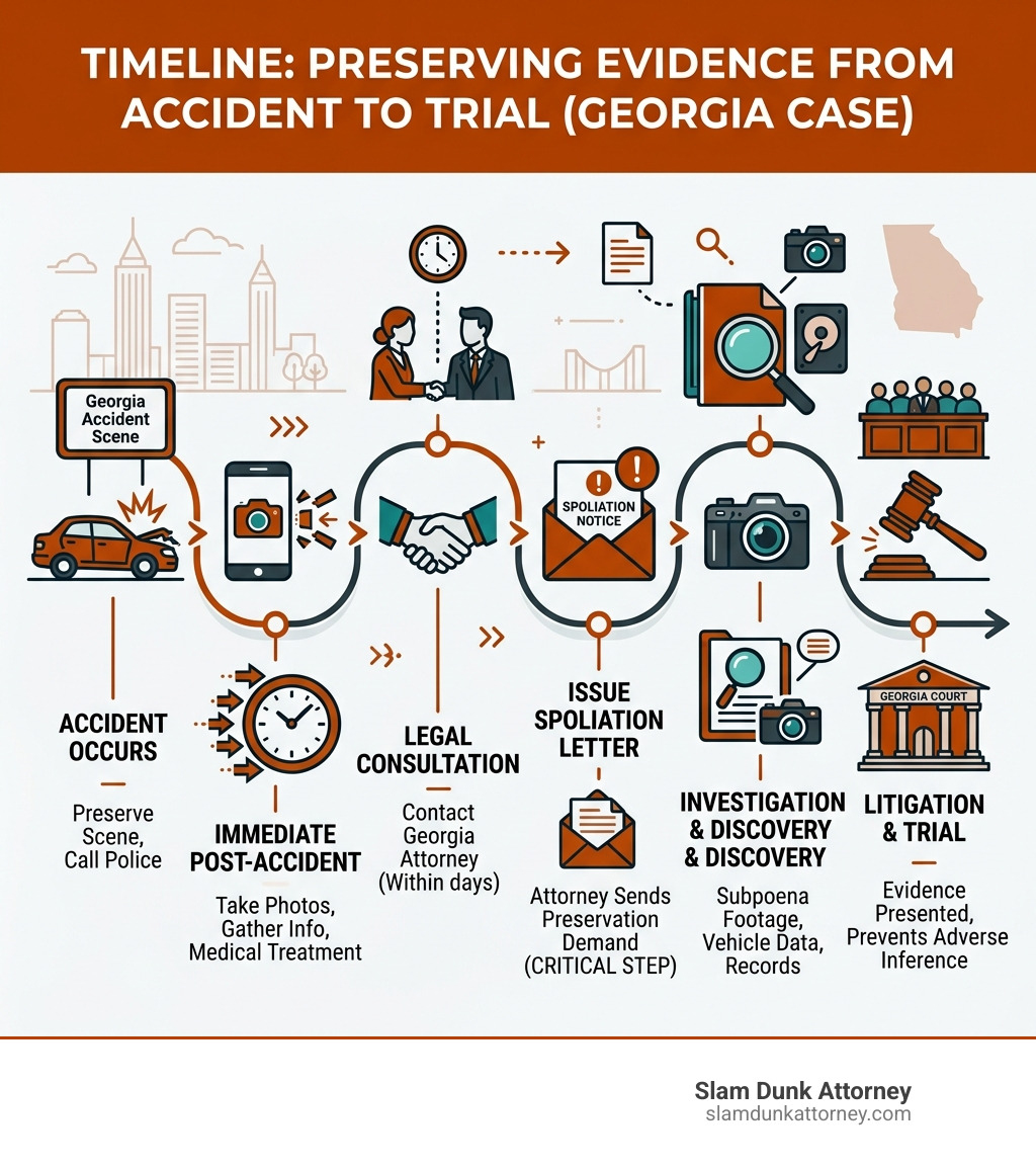 Timeline infographic showing evidence preservation steps from accident to trial in a Georgia personal injury case