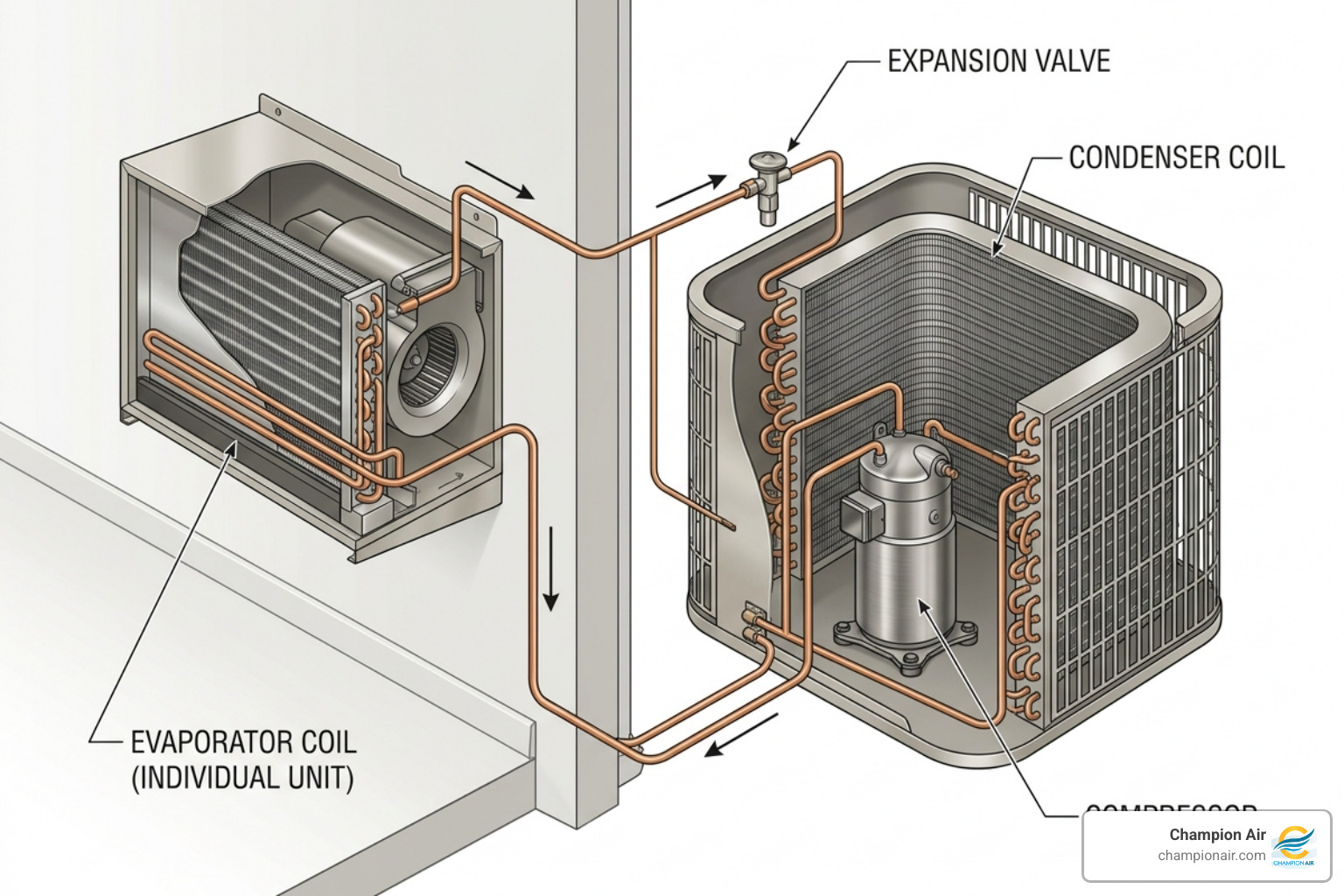 Diagram showing the internal parts of an AC system including coils and compressor - how your air conditioner works