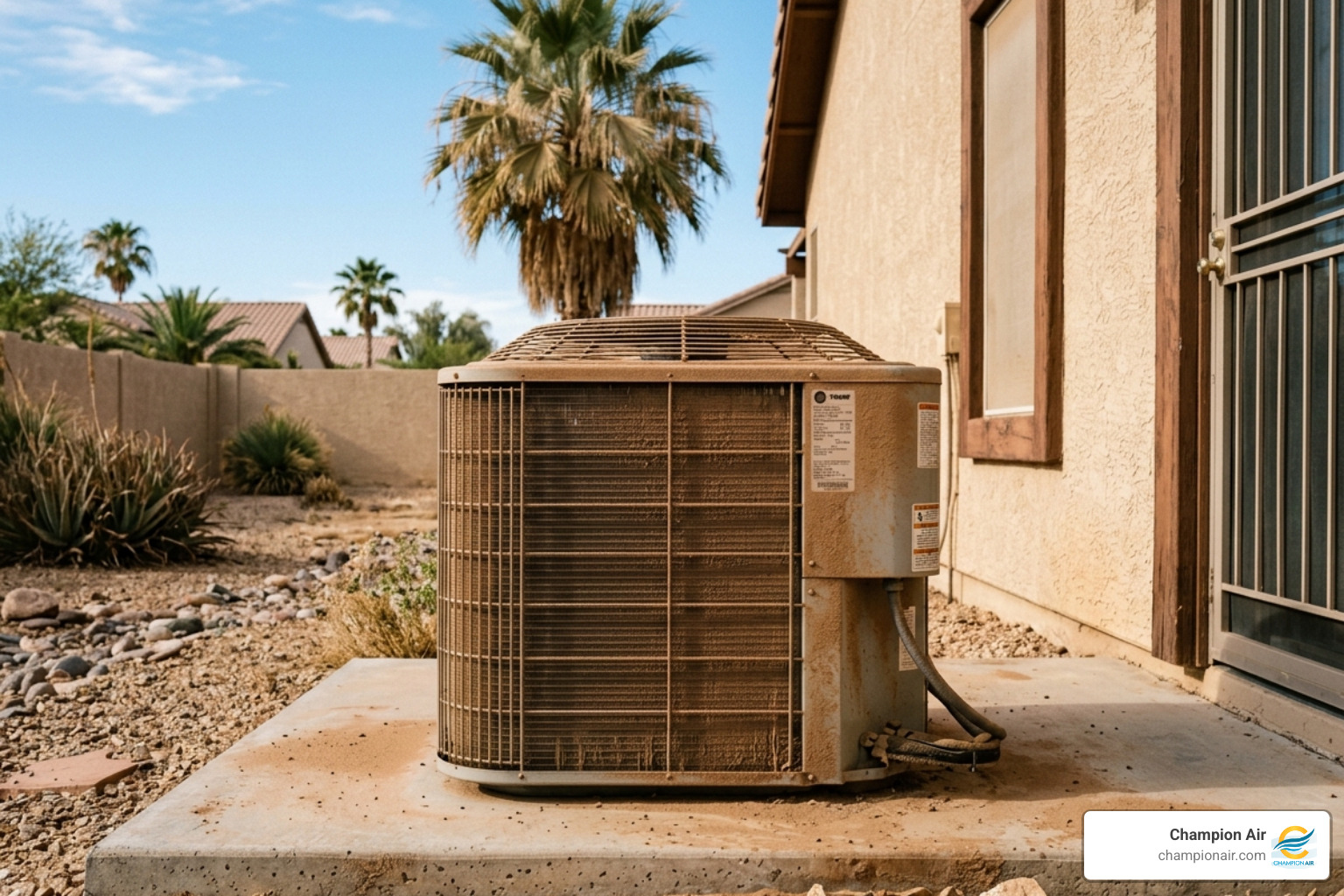 A dust-covered AC condenser unit following a Phoenix haboob - how long does an ac system last in arizona