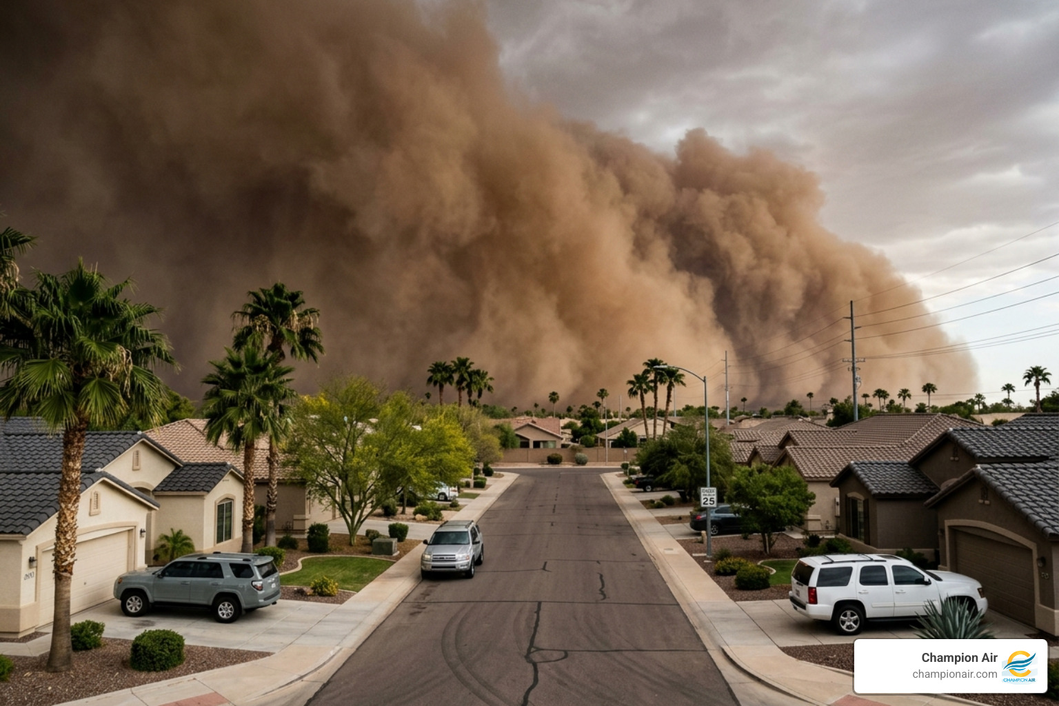 A massive Arizona haboob dust storm rolling over a Phoenix residential neighborhood - best air filter for arizona desert