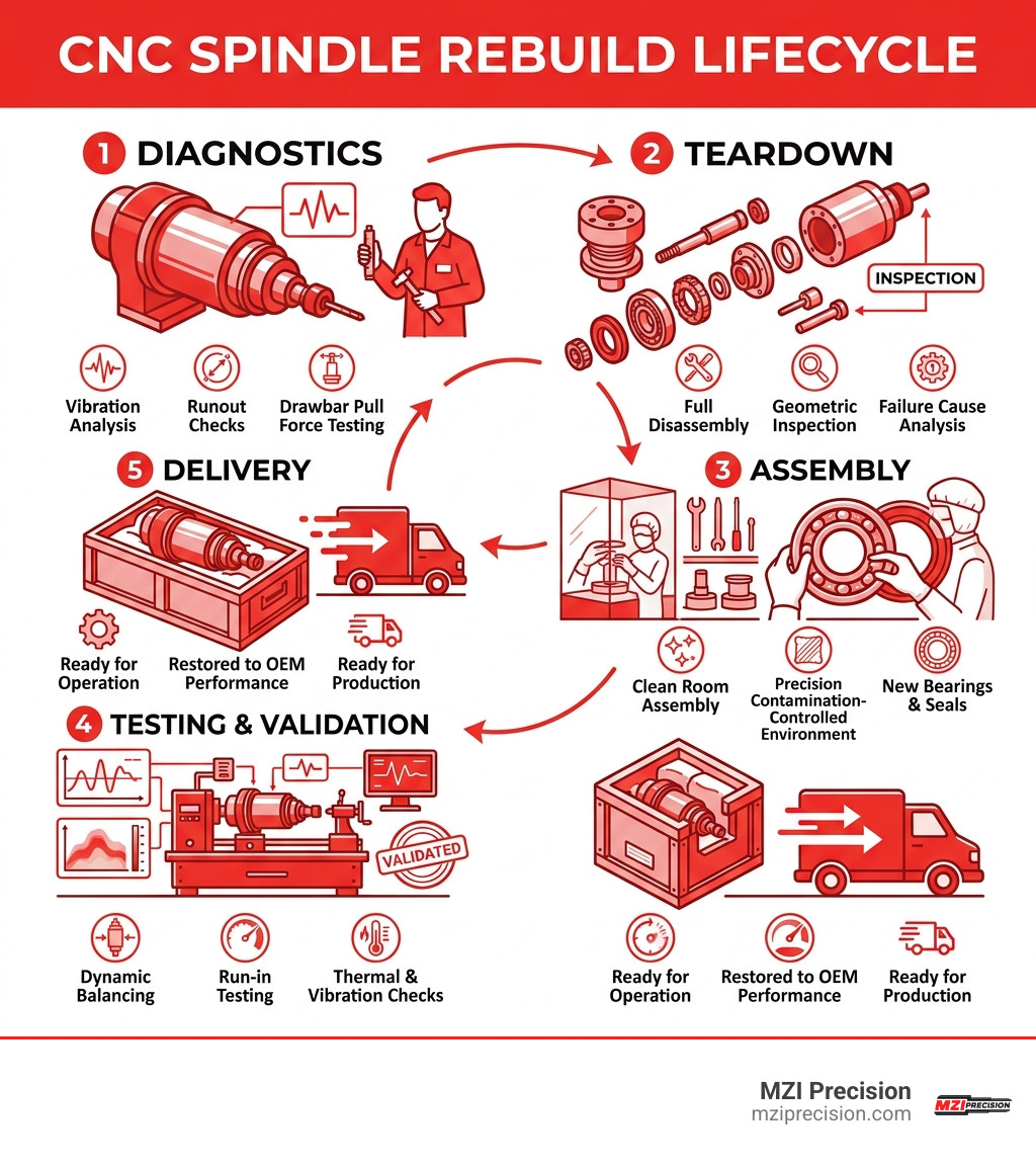 CNC SPINDLE REBUILD LIFECYCLE INFOGRAPHIC SHOWING DIAGNOSTICS TEARDOWN ASSEMBLY TESTING AND DELIVERY - CNC SPINDLE REBUILD