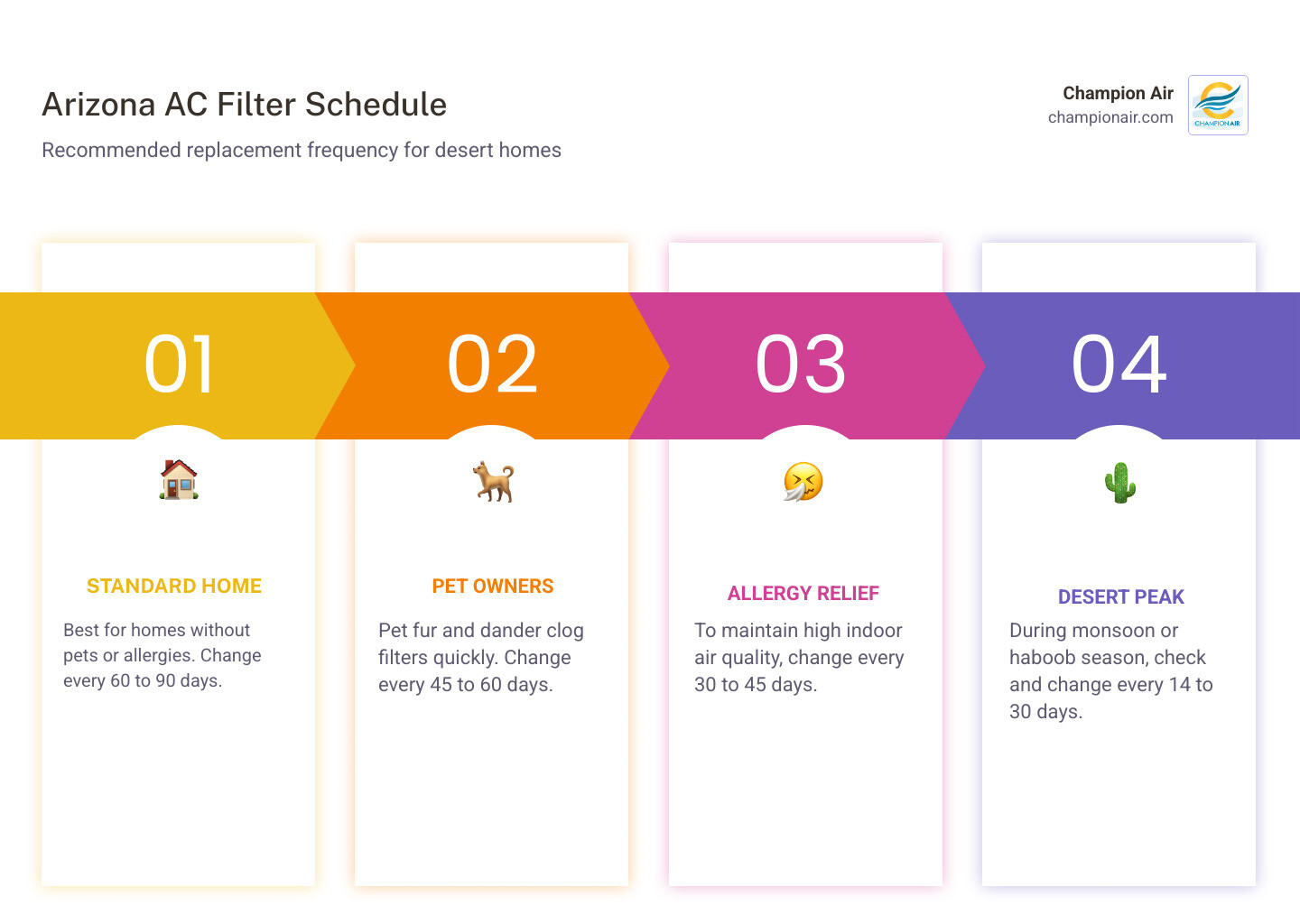 Infographic showing Arizona AC filter change frequency by household type with dust and heat impact on HVAC airflow - how