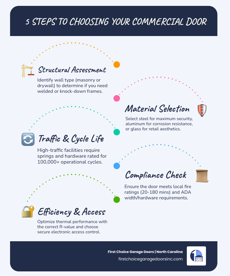 Infographic showing the commercial door selection process: wall type, material, traffic, fire rating, ADA, configuration Infographic showing the commercial door selection process: wall type, material, traffic, fire rating, ADA, configuration