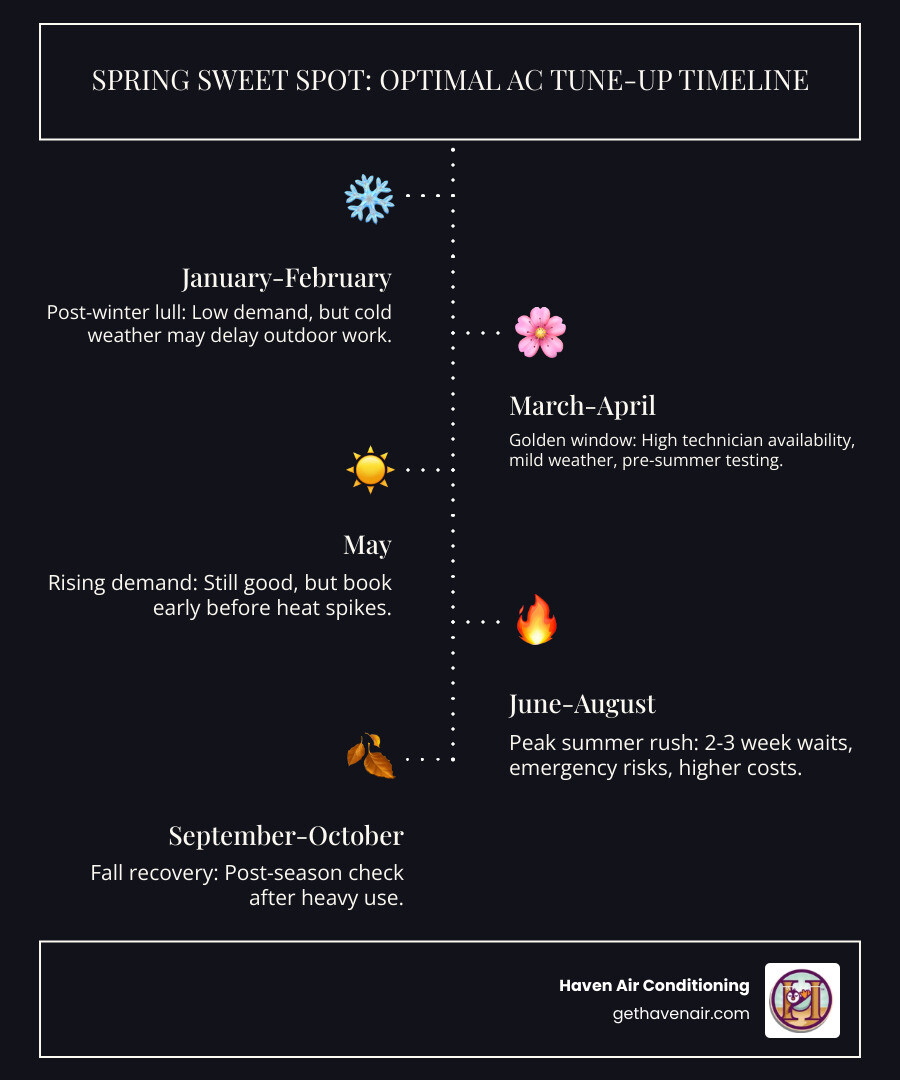 Spring sweet spot infographic showing optimal AC tune-up scheduling timeline from March to April with seasonal risk levels Spring sweet spot infographic showing optimal AC tune-up scheduling timeline from March to April with seasonal risk levels