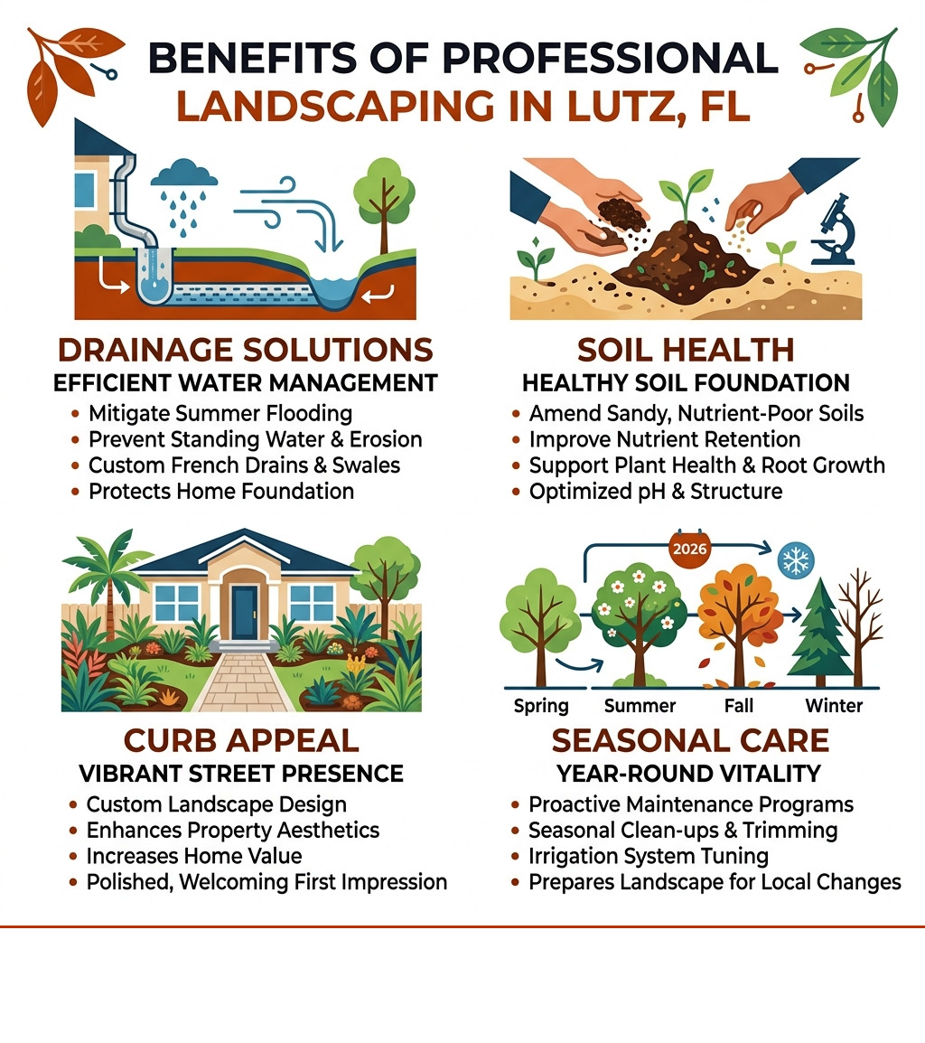 Infographic showing benefits of professional landscaping in Lutz FL including drainage, soil health, curb appeal, and Infographic showing benefits of professional landscaping in Lutz FL including drainage, soil health, curb appeal, and