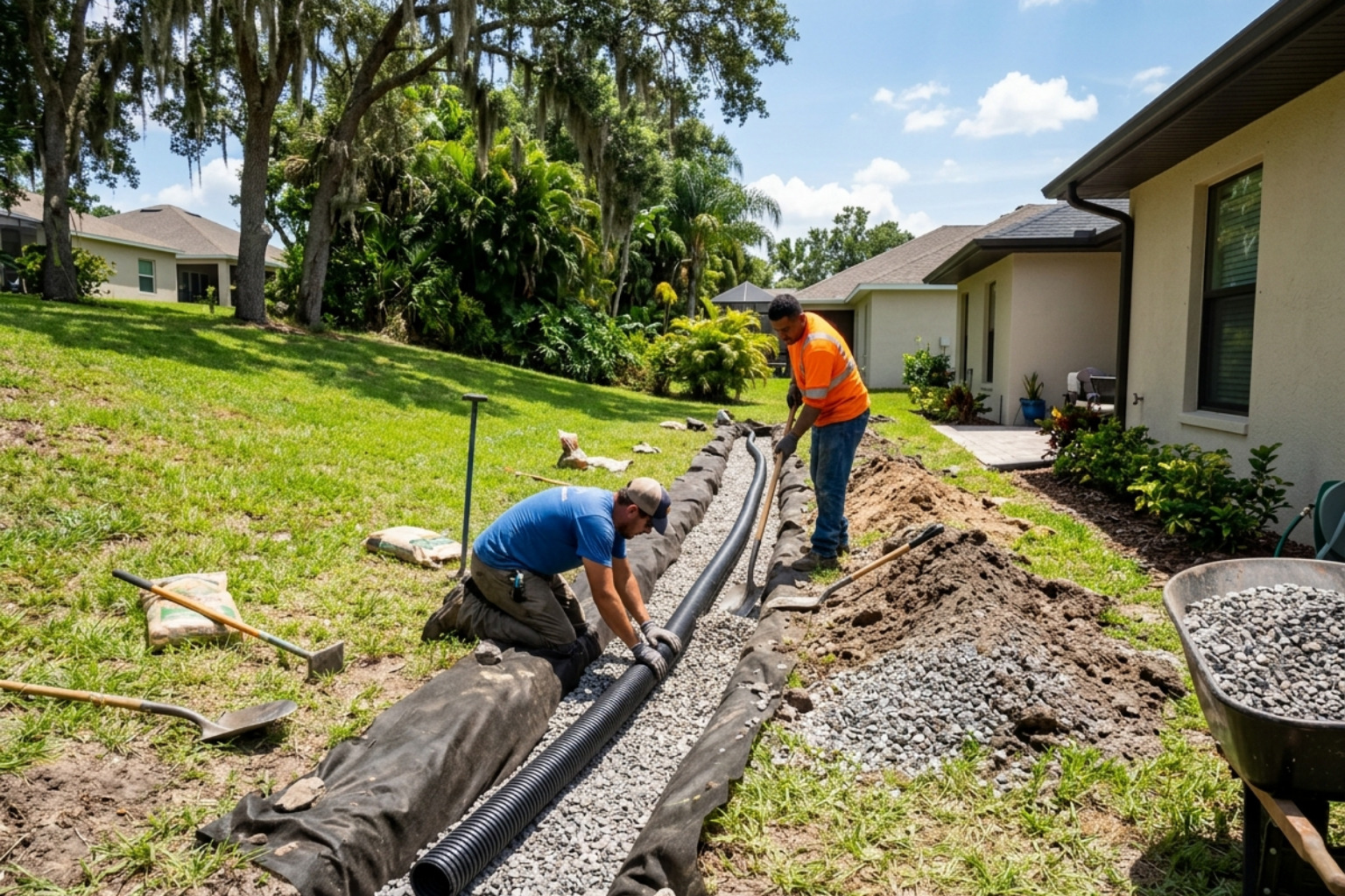 Installation of a French drain system to manage water runoff in a residential Lutz yard - landscaping company Lutz area Installation of a French drain system to manage water runoff in a residential Lutz yard - landscaping company Lutz area