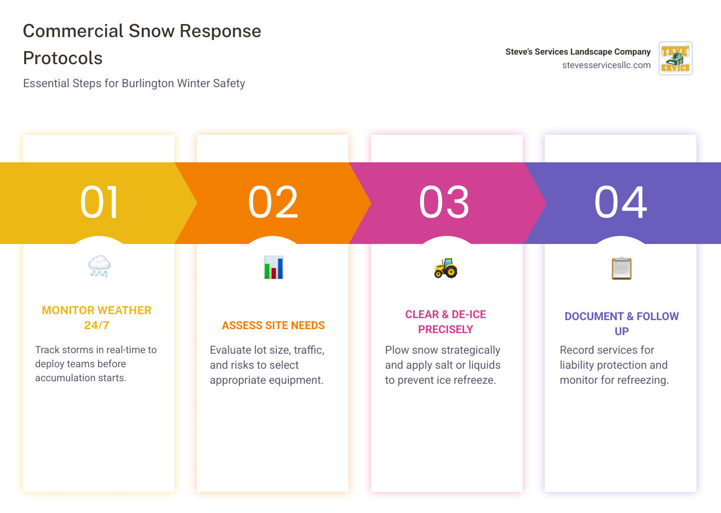 Commercial snow response protocol infographic showing 24/7 monitoring, site-specific equipment deployment, and de-icing