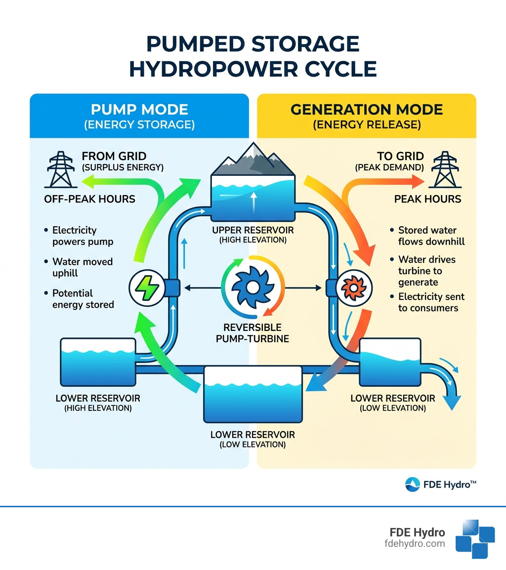 Pumped storage hydropower cycle showing pump mode and generation mode with upper and lower reservoirs - affordable pumped Pumped storage hydropower cycle showing pump mode and generation mode with upper and lower reservoirs - affordable pumped