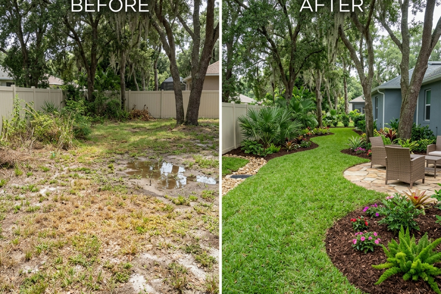 Professional landscape transformation project showing before and after results in a Lutz backyard - landscaping company Lutz Professional landscape transformation project showing before and after results in a Lutz backyard - landscaping company Lutz