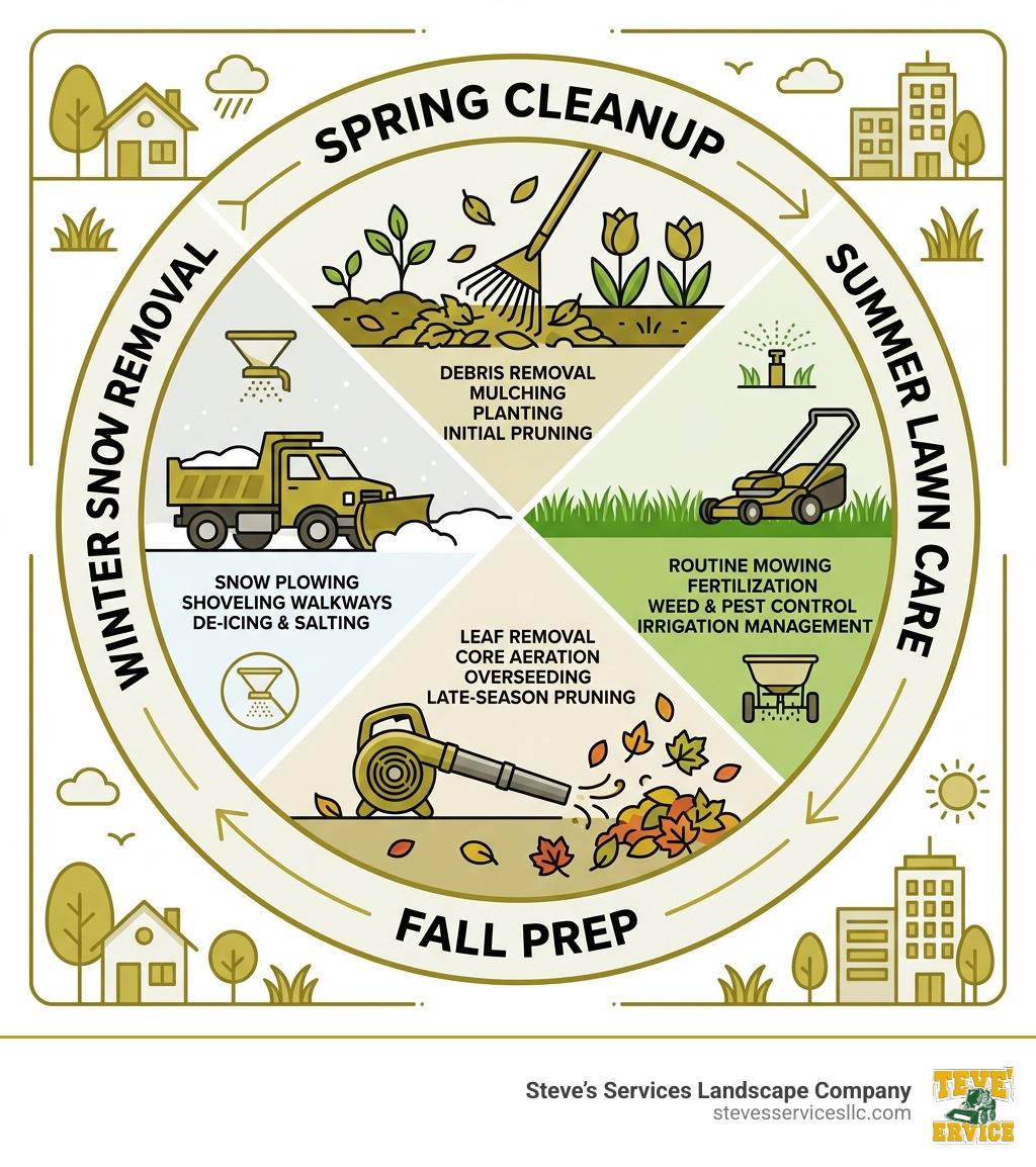 4-season professional landscaping maintenance cycle in New England showing spring cleanup, summer lawn care, fall prep, and