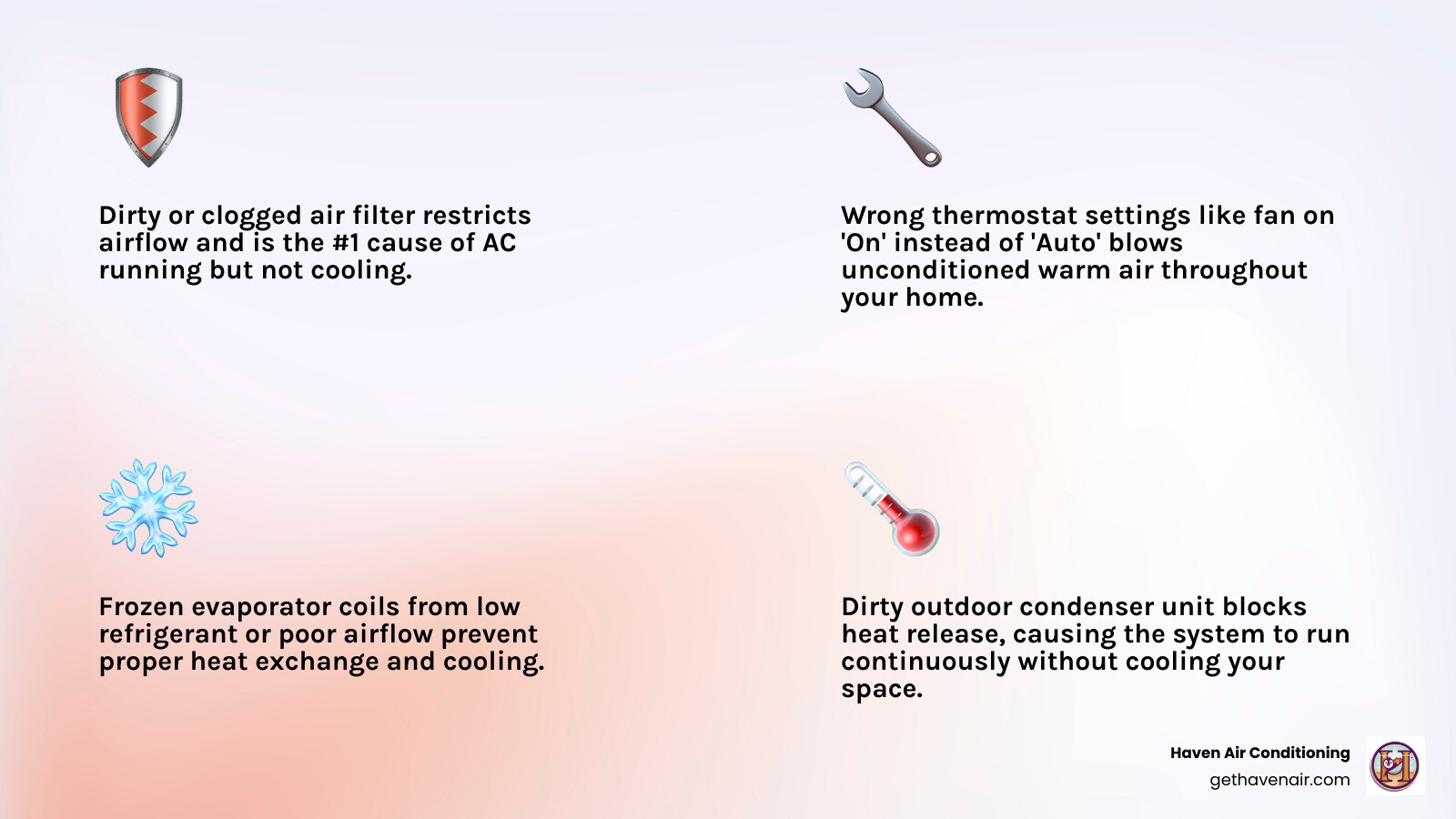 Infographic: 8 reasons AC runs but doesn't cool, from dirty filters to refrigerant leaks, with DIY vs pro labels - ac Infographic: 8 reasons AC runs but doesn't cool, from dirty filters to refrigerant leaks, with DIY vs pro labels - ac
