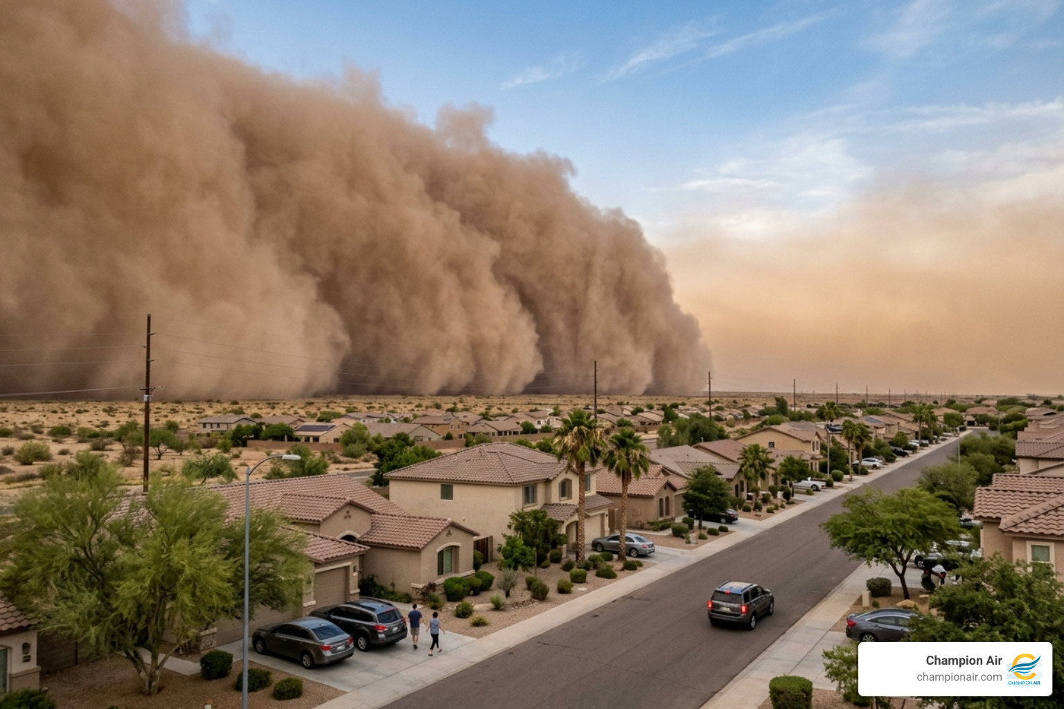 dust storm haboob approaching a residential neighborhood in Arizona - benefits of regular ac maintenance in the desert
