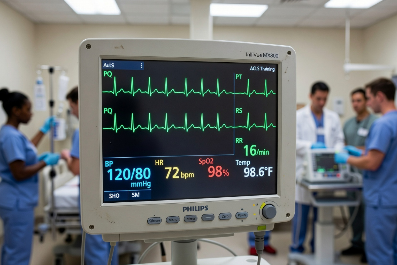 ECG monitor showing a cardiac rhythm during ACLS training - ACLS certification Rohnert Park ECG monitor showing a cardiac rhythm during ACLS training - ACLS certification Rohnert Park