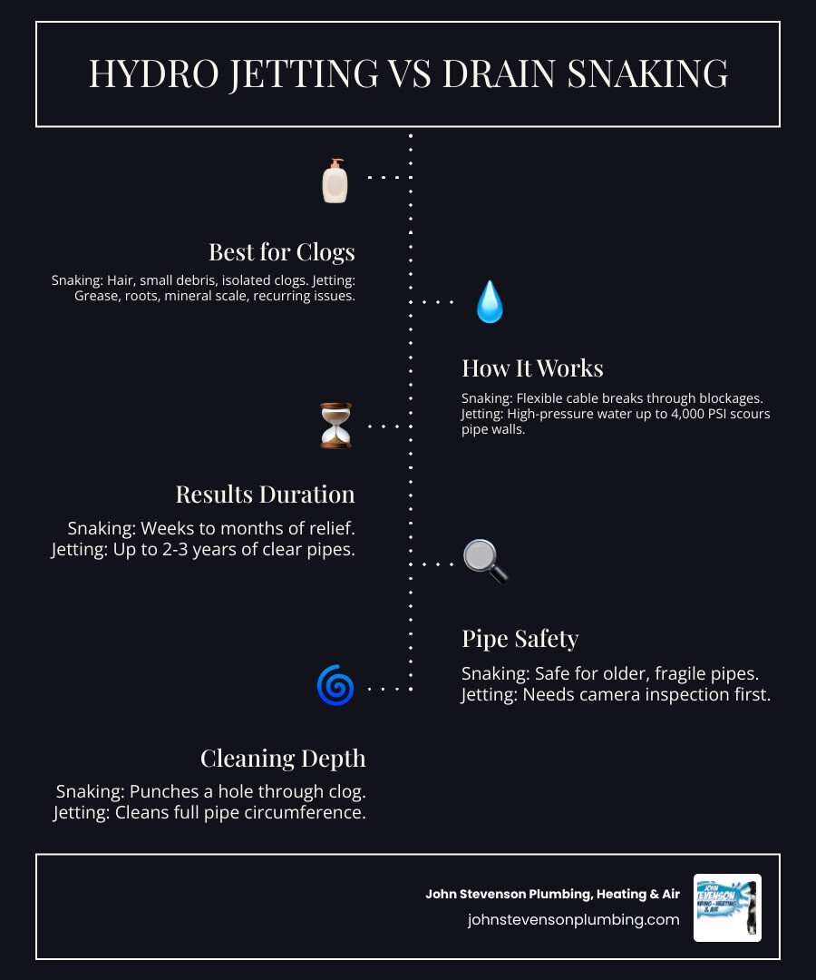 Infographic comparing hydro jetting vs drain snaking: methods, PSI, clog types, longevity, and pipe safety - hydro jetting