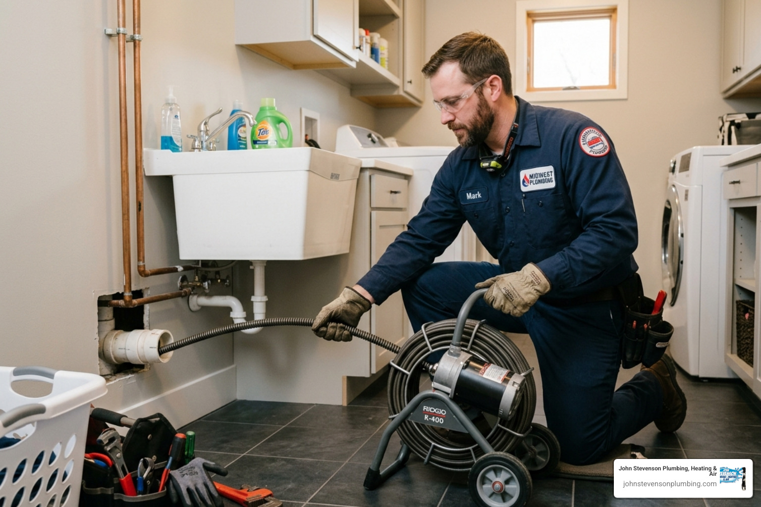 Professional plumber using a motorized drain snake to clear a localized blockage in a residential pipe - hydro jetting vs