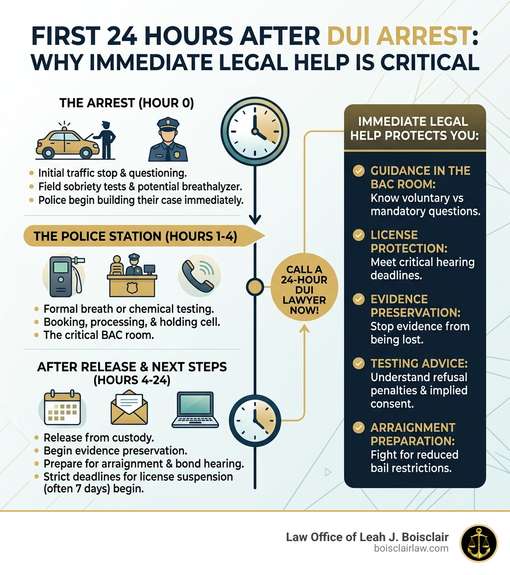 Infographic showing the first 24 hours after a DUI arrest and why immediate legal help is critical - 24 hour dui lawyer
