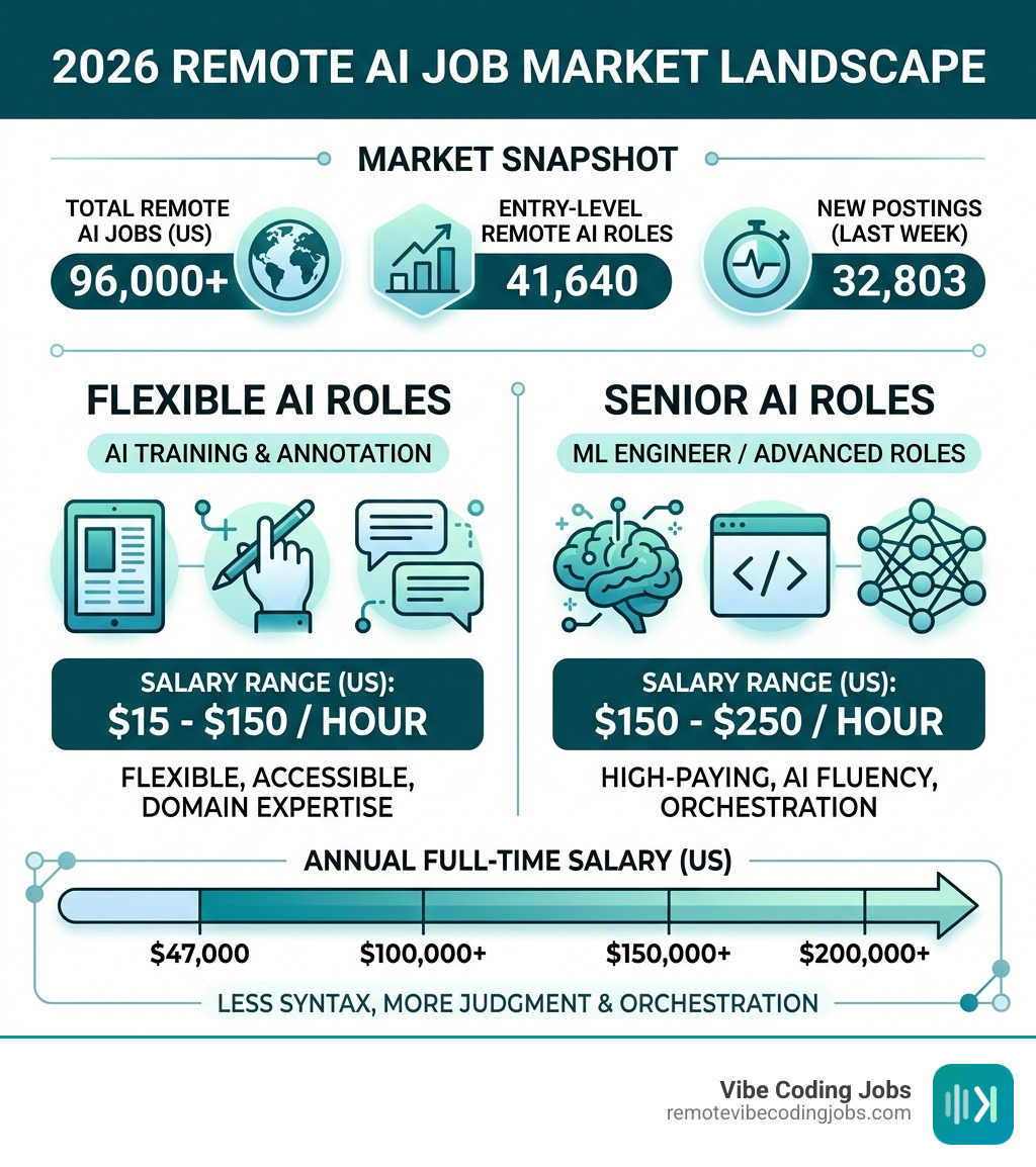 2026 remote AI job market landscape infographic showing salary ranges, job volume, and role types - ai jobs remote 2026 remote AI job market landscape infographic showing salary ranges, job volume, and role types - ai jobs remote