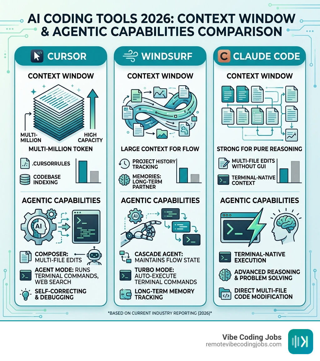 Infographic comparing the context windows and agentic capabilities of Cursor, Windsurf, and Claude Code - best vibe coding