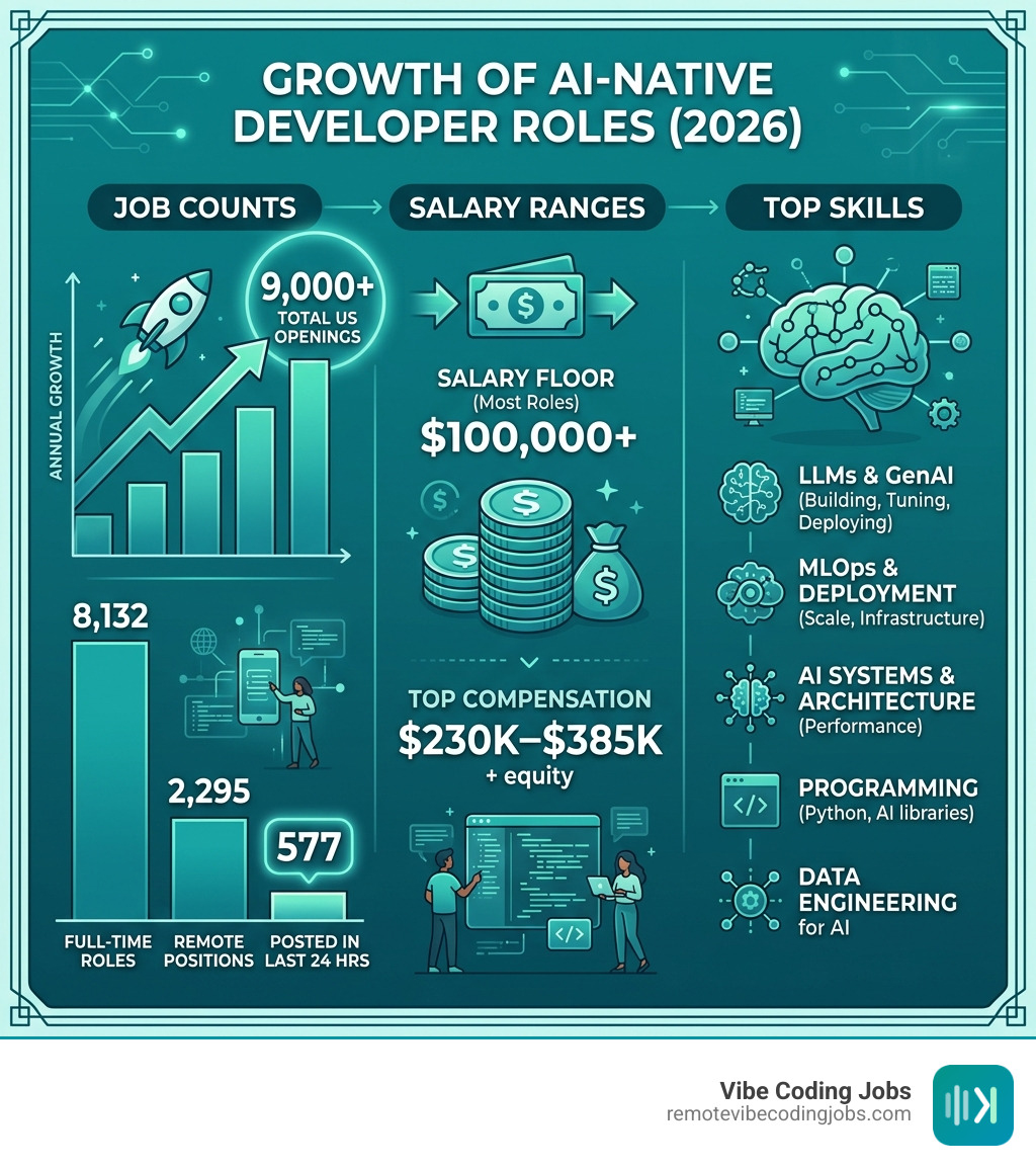Growth of AI-native developer roles in 2026: job counts, salary ranges, and top skills - ai programmer jobs infographic 