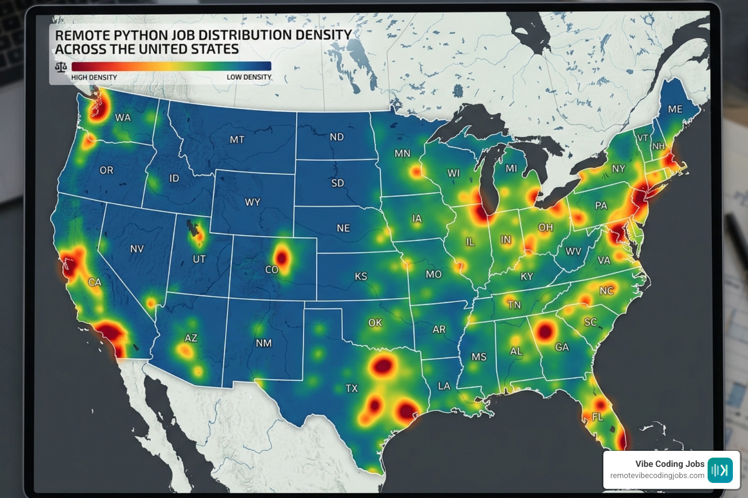 heat map of remote Python job distribution across the United States - remote jobs python