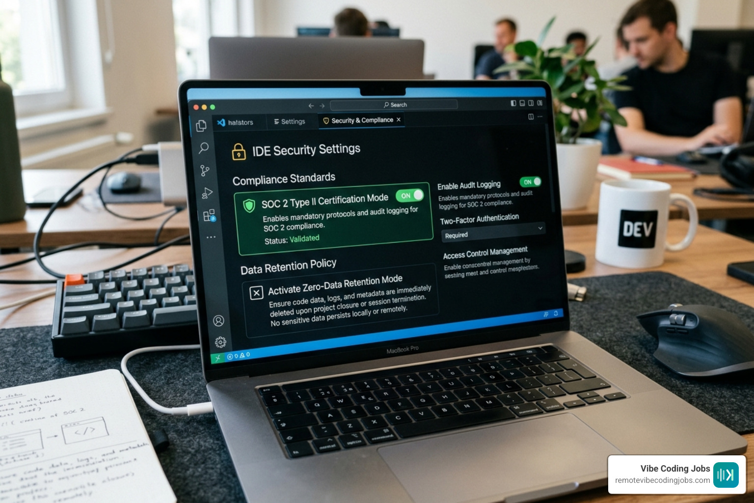 The security settings panel of a modern vibe coding IDE, showing SOC 2 compliance and zero-data retention toggles - best