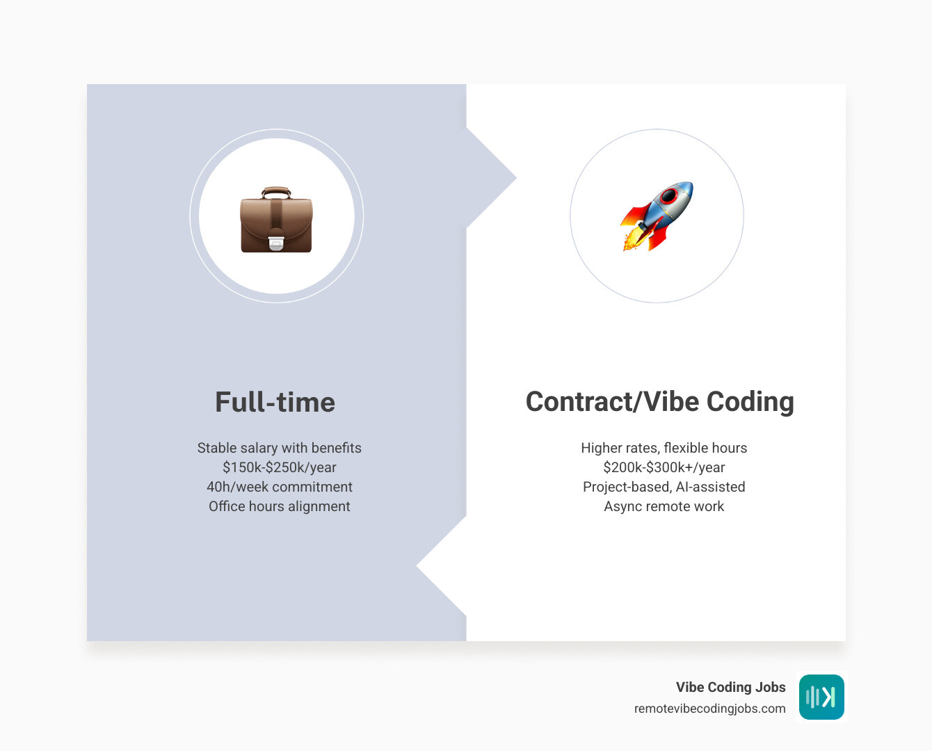 Table comparing Full-time vs Contract vs Vibe Coding roles with salary ranges - remote react aws engineer infographic Table comparing Full-time vs Contract vs Vibe Coding roles with salary ranges - remote react aws engineer infographic