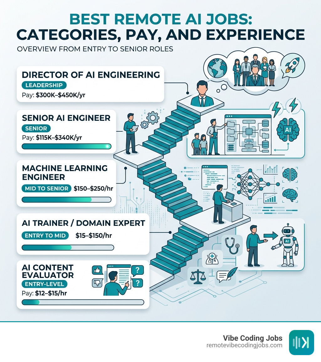 Infographic showing remote AI job categories, pay ranges, and experience levels from entry to senior - Best remote AI jobs